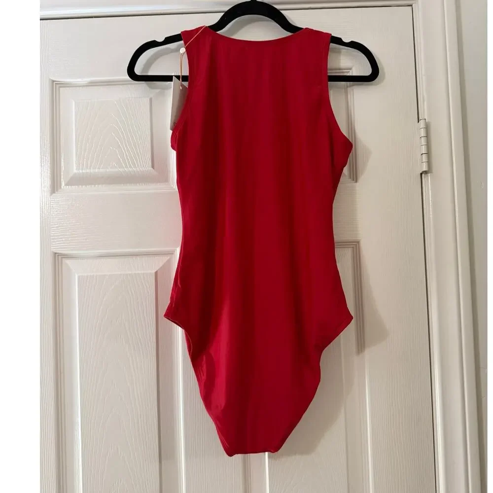 quince italian zip front one-piece swimsuit cherry red, women size medium